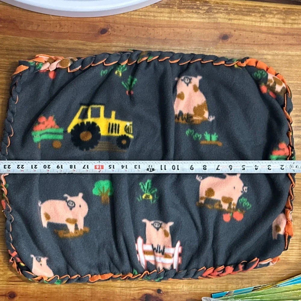 NWOT Security Blanket Gray & Orange Fleece Lovie, Farmer Pig & Tractor Design